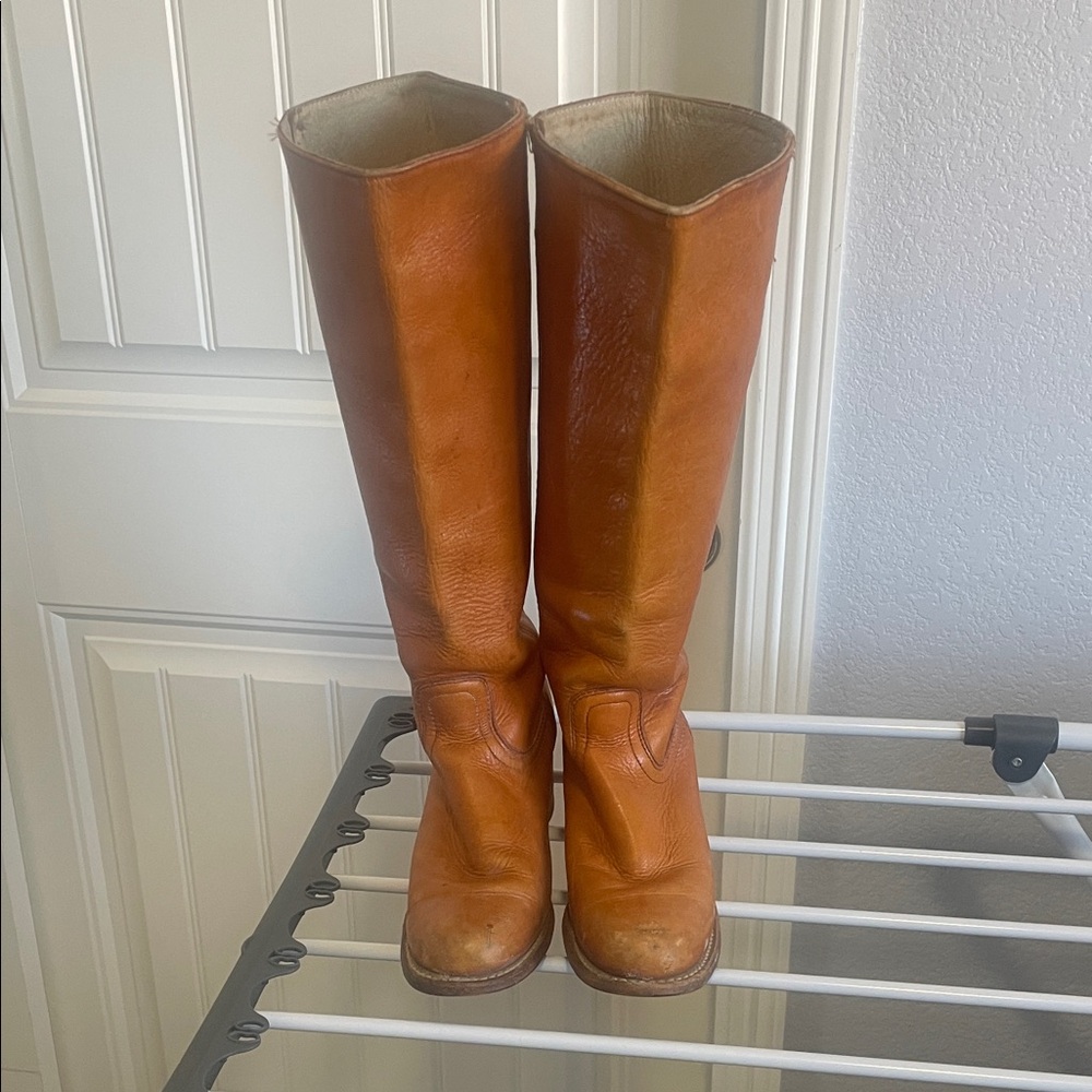 Frye Tall Leather Riding Boots in Cognac Brown